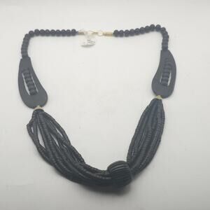 Black Wooden Multi Strand Statement Necklace Carved Bead Bib Boho India Artisan